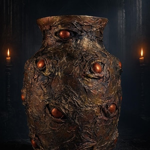 May include: A large, textured vase with a dark brown and gold finish. The vase is adorned with multiple, spherical, copper-colored orbs that resemble eyes. The background is a dark, gothic-style interior with lit candles.