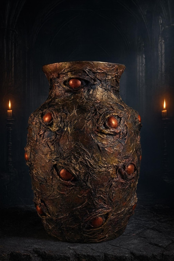 A hand-sculpted polymer clay vase built around a watching eye motif — functional dark-fantasy art you could display in a gallery or on your mantle.