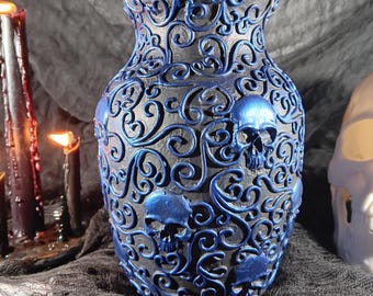 Gothic Skull Vase: Handmade Polymer Clay, Cobalt Blue Accent - Halloween Decor