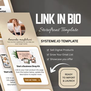 Puede incluir: Una plantilla de escaparate digital para Systeme.io con el texto LINK IN BIO, Storefront Template y SYSTEME.IO TEMPLATE. El diseño incluye una foto de perfil circular, un gráfico de kit de tienda y un botón con la etiqueta TAKE ME THERE.