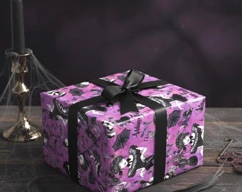 Inpakpapier voor Halloween geïnspireerd op Wednesday Addams: gotisch spookachtig patroon (digitale download)