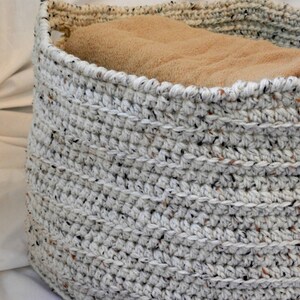 Large Crochet Basket Oatmeal Ecru Beige Fleck Home Decor Organization Storage Round Cylinder 18 x 14 for Towels, Blankets, Pillows image 5