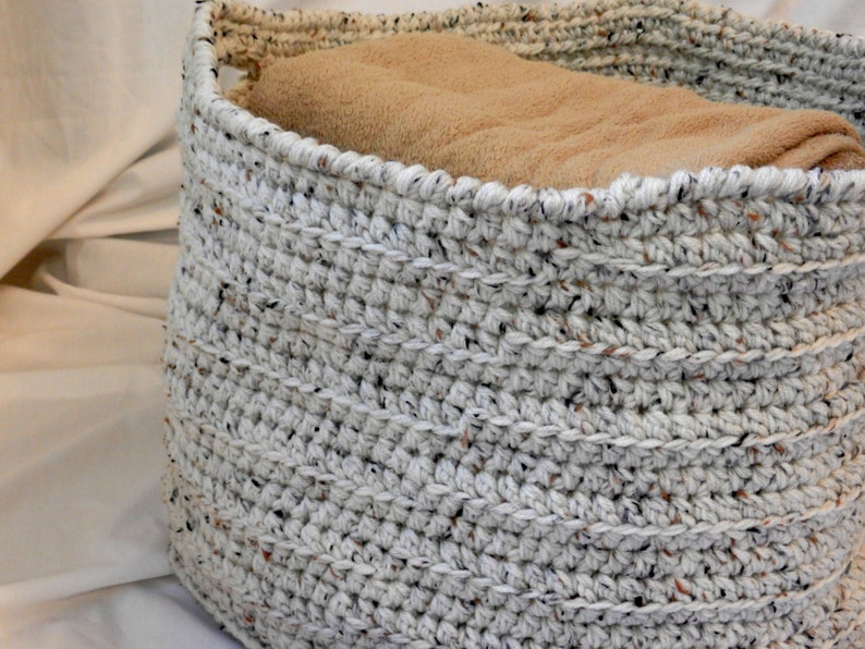 Large Crochet Basket Oatmeal Ecru Beige Fleck Home Decor Organization Storage Round Cylinder 18 x 14 for Towels, Blankets, Pillows image 5