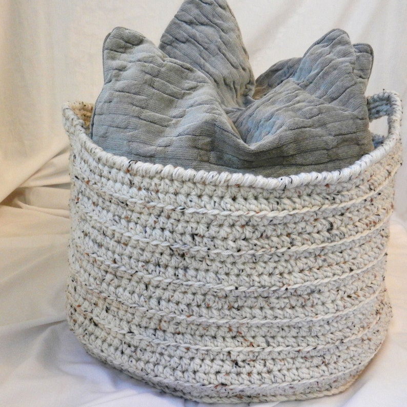 Large Crochet Basket Oatmeal Ecru Beige Fleck Home Decor Organization Storage Round Cylinder 18 x 14 for Towels, Blankets, Pillows image 1