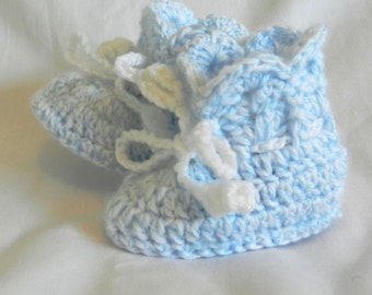 Baby Booties 3 - 6 - 9 Months Blue White Vareigated Crochet