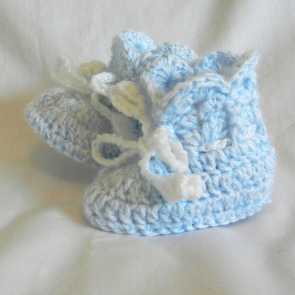 Baby Booties 3 - 6 - 9 Months Blue White Vareigated Crochet