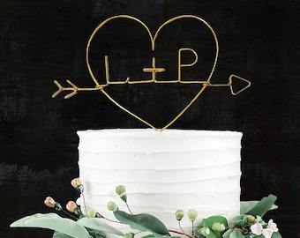 Monogram Initials Arrow Heart Wire Rustic Chic Wedding Cake Topper Custom Personalized Anniversary Reusable Metal Industrial Elegant Simple