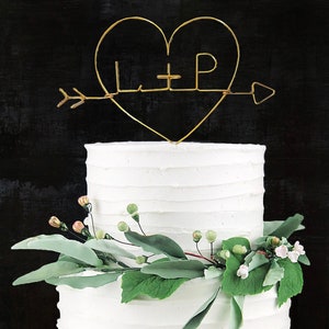 Monogram Initials Arrow Heart Wire Rustic Chic Wedding Cake Topper Custom Personalized Anniversary Reusable Metal Industrial Elegant Simple image 1