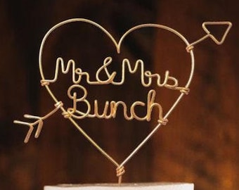 Rustic Chic Wire Wedding Cake Topper Mr and Mrs Last Name Custom Personalized Ampersand Heart Arrow Reusable Metal Industrial Copper Gold