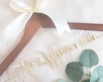 Wedding Hanger Name Ribbon Wood Wire Personalized Custom Bridal Bride Shower Gift Modern Fairytale Garden Classic Chic Regal Elegant Boho
