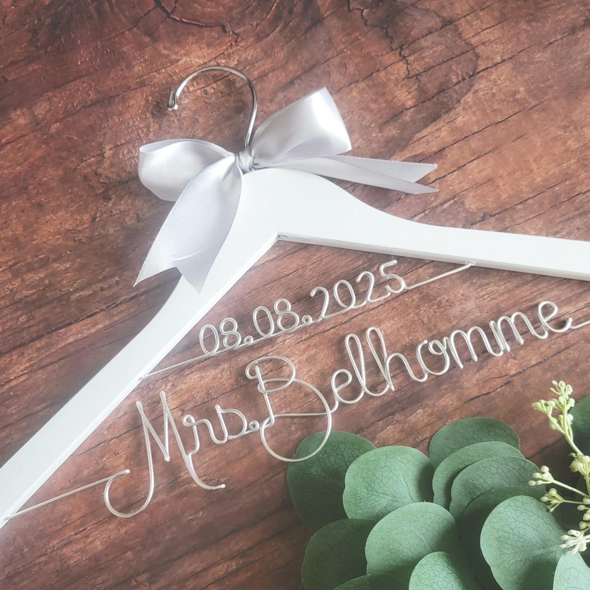 Wedding Hanger Name Date Ribbon Wood Wire Personalized Custom Bridal Bride Shower Gift Modern Fairytale Garden Classic Chic Regal Elegant