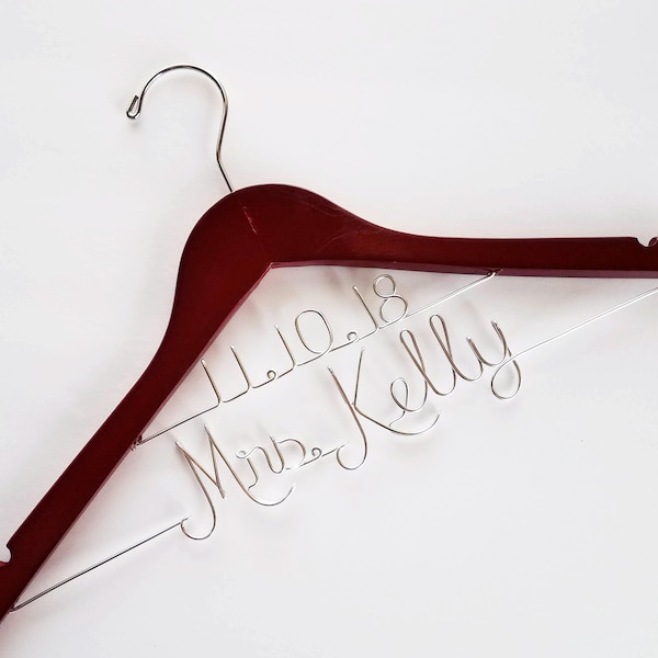 Name and Date Wedding Hanger Wood Wire Personalized Hanger Custom Hanger Bridal Hanger Bride Bridal Shower Gift Bridesmaid Rustic