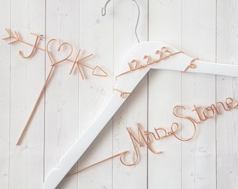 BUNDLE - Wedding Hanger and Cake Topper Date Last Name Arrow Heart Personalized Custom Bride Shower Gift Arrow Rustic Wire Elegant Simple