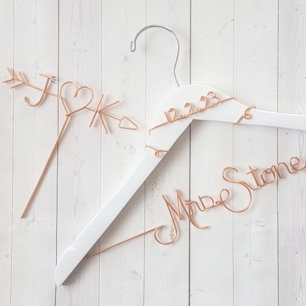 BUNDLE - Wedding Hanger and Cake Topper Date Last Name Arrow Heart Personalized Custom Bride Shower Gift Arrow Rustic Wire Elegant Simple