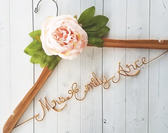 Bride Hanger With Pink Peony Flower First and Last Name Personalized Hanger Custom Hanger Bridal Hanger Bride Bridal Shower Gift Bridesmaid