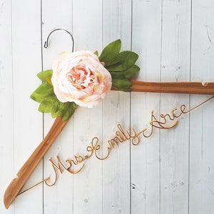 Bride Hanger With Pink Peony Flower First and Last Name Personalized Hanger Custom Hanger Bridal Hanger Bride Bridal Shower Gift Bridesmaid image 1