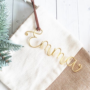 Custom Wire Name Stocking Tags Monogram Suede Leather Bauble Ornament Modern Rustic Chic Boho Bespoke Personalized Christmas Tree Holiday