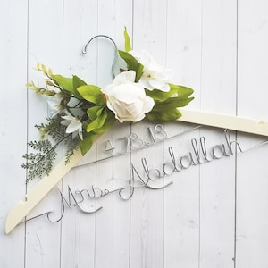 Wedding Hanger With Date and White Flowers Last Name Personalized Hanger Custom Hanger Bridal Hanger Bride Bridal Shower Gift Bridesmaid