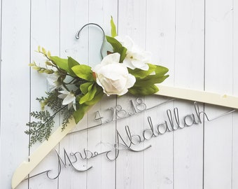 Wedding Hanger With Date and White Flowers Last Name Personalized Hanger Custom Hanger Bridal Hanger Bride Bridal Shower Gift Bridesmaid