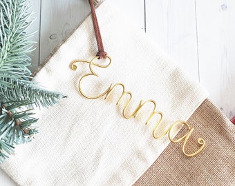 Custom Wire Name Stocking Tags Monogram Suede Leather Bauble Ornament Modern Rustic Chic Boho Bespoke Personalized Christmas Tree Holiday