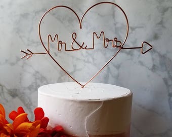 Rustic Cake Topper - Wire Cake Topper - Heart Mr and Mrs Cake Topper - Copper Cake Topper - Rustic Chic - Heart and Arrow - Barn Wedding