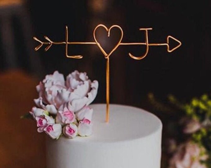 Arrow & Initials Cake Topper Rustic Wire Personalized Custom Chic Name Wedding Heart Reusable Metal Industrial Copper Gold Elegant Simple