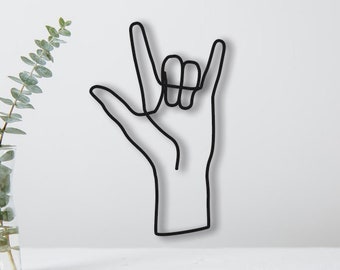 Wire Hand ASL I Love You Sculpture Wall Hanging Art Single Line Decoration Decor American Sign Language Deaf Gift Industrial Metal Boho