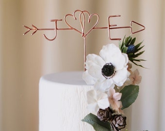 Twin Hearts - Rustic Cake Topper - Wire Cake Topper - Arrow & Initials Cake Topper - Personalized Cake Topper - Rustic Chic - Copper