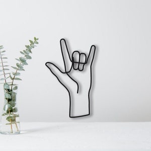 Wire Hand ASL I Love You Sculpture Wall Hanging Art Single Line Decoration Decor American Sign Language Deaf Gift Industrial Metal Boho