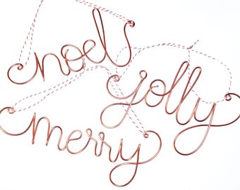 Wire Christmas Ornament Set of 3 - Noel Jolly Merry - Holiday Decor - Simple Chic Boho - Metal Industrial Reusable - Country Cottage Rustic