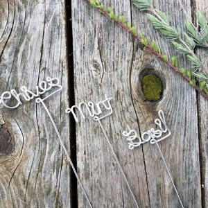 Peut inclure: Trois marque-plantes en fil d'argent avec les mots "Chives", "Mint" et "Basil" écrits dessus. Les marque-plantes sont placés sur une surface en bois.