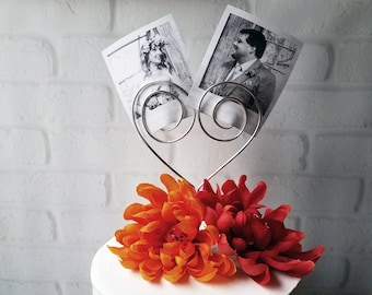 Adorno para tarta con portafotos de alambre - Adorno para tarta rústico - Adorno para tarta con portafotos - Adorno para tarta con forma de corazón - Adorno para tarta de bodas - Plateado