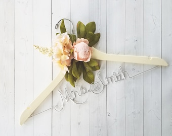 Bride Hanger With Pink Peony Flowers First and Last Name Personalized Hanger Custom Hanger Bridal Hanger Bride Bridal Shower Gift Bridesmaid