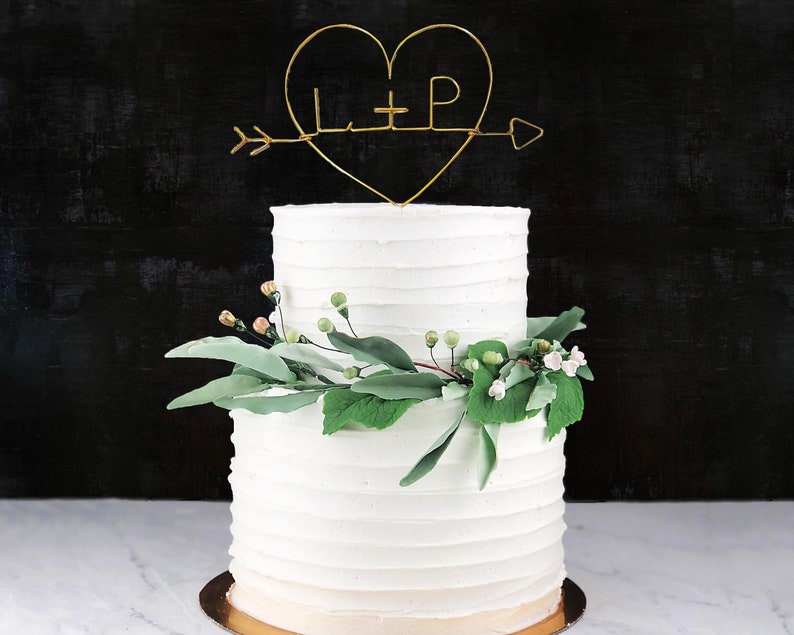 Monogram Initials Arrow Heart Wire Rustic Chic Wedding Cake Topper Custom Personalized Anniversary Reusable Metal Industrial Elegant Simple image 1