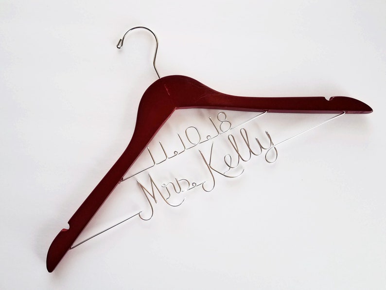 Name and Date Wedding Hanger Wood Wire Personalized Hanger Custom Hanger Bridal Hanger Bride Bridal Shower Gift Bridesmaid Rustic image 1