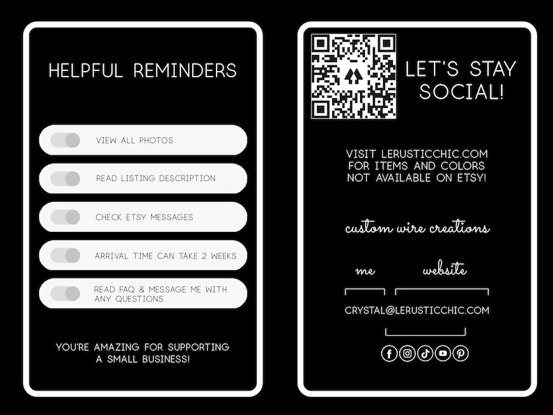 a black and white business card with a qr code