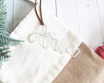 Custom Wire Name Stocking Tags Monogram Suede Leather Bauble Ornament Modern Rustic Chic Boho Bespoke Personalized Christmas Tree Holiday