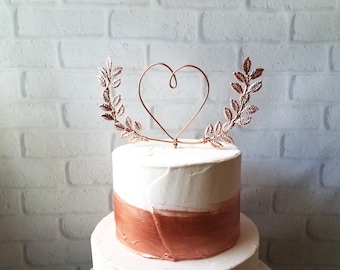 Cuore con alloro, decorazione per torta nuziale "Sogno di una notte di mezza estate", decorazione per torta in filo metallico, decorazione per torta con alloro, cuore, stile rustico chic, rame, oro, oro rosa.