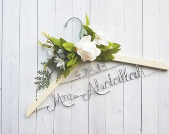 Wedding Hanger With Date and White Flowers Last Name Personalized Hanger Custom Hanger Bridal Hanger Bride Bridal Shower Gift Bridesmaid