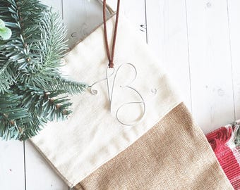Custom Wire Initial Stocking Tags Monogram Suede Leather Bauble Ornament Modern Rustic Chic Boho Bespoke Personalized Christmas Tree Holiday