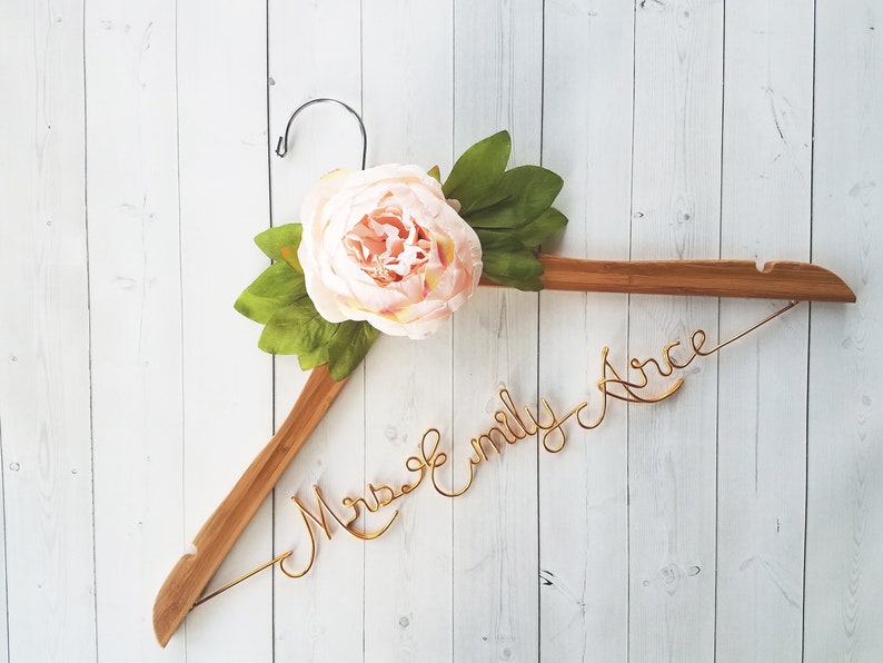 Bride Hanger With Pink Peony Flower First and Last Name Personalized Hanger Custom Hanger Bridal Hanger Bride Bridal Shower Gift Bridesmaid image 1