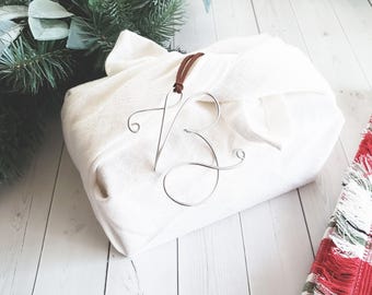 Custom Wire Initial Gift Tags Monogram Suede Leather Bauble Ornament Modern Rustic Chic Boho Bespoke Personalized Christmas Tree Holiday