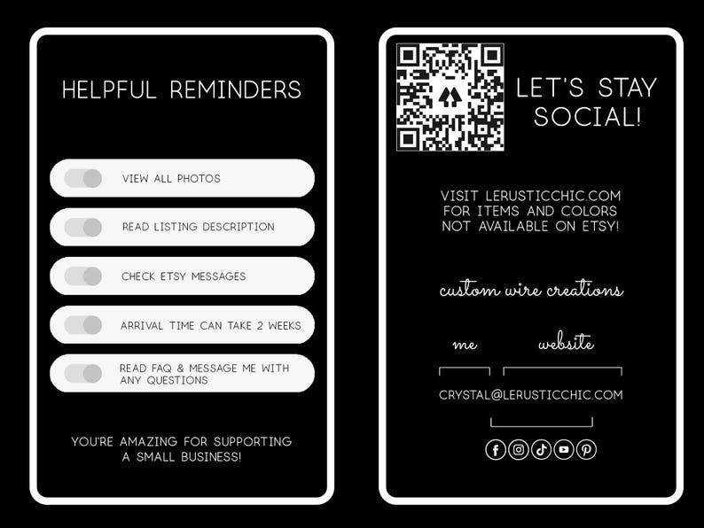 a black and white business card with a qr code
