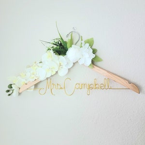 Wedding Hanger White Peony Orchid Flowers First and Last Name Personalized Hanger Custom Hanger Bridal Hanger Bride Bridal Shower Gift