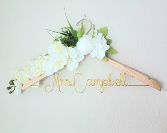 Wedding Hanger White Peony Orchid Flowers First and Last Name Personalized Hanger Custom Hanger Bridal Hanger Bride Bridal Shower Gift