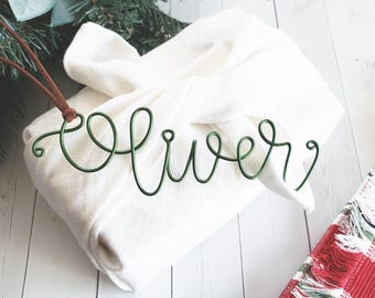 Custom Wire Name Gift Tags Monogram Suede Leather Bauble Ornament Modern Rustic Chic Boho Bespoke Personalized Christmas Tree Holiday