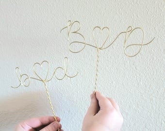 Cursive Initials Wire Cake Topper Monogram Rustic Personalized Custom Chic Name Wedding Heart Reusable Metal Industrial Elegant Simple