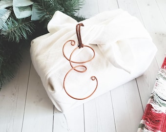 Custom Wire Initial Gift Tags Monogram Suede Leather Bauble Ornament Modern Rustic Chic Boho Bespoke Personalized Christmas Tree Holiday