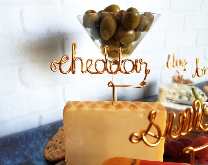 Wire Cheese Markers - Rustic Cheese Marker - Wine and Cheese - Gold - Copper - Rose Gold - Cheese Picks - Cheese Board - Cheese Tags