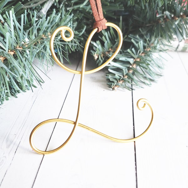 Custom Wire Initial Ornament Monogram Suede Leather Cord Bauble Rustic Modern Personalized Christmas Tree Holiday First Gift Chic